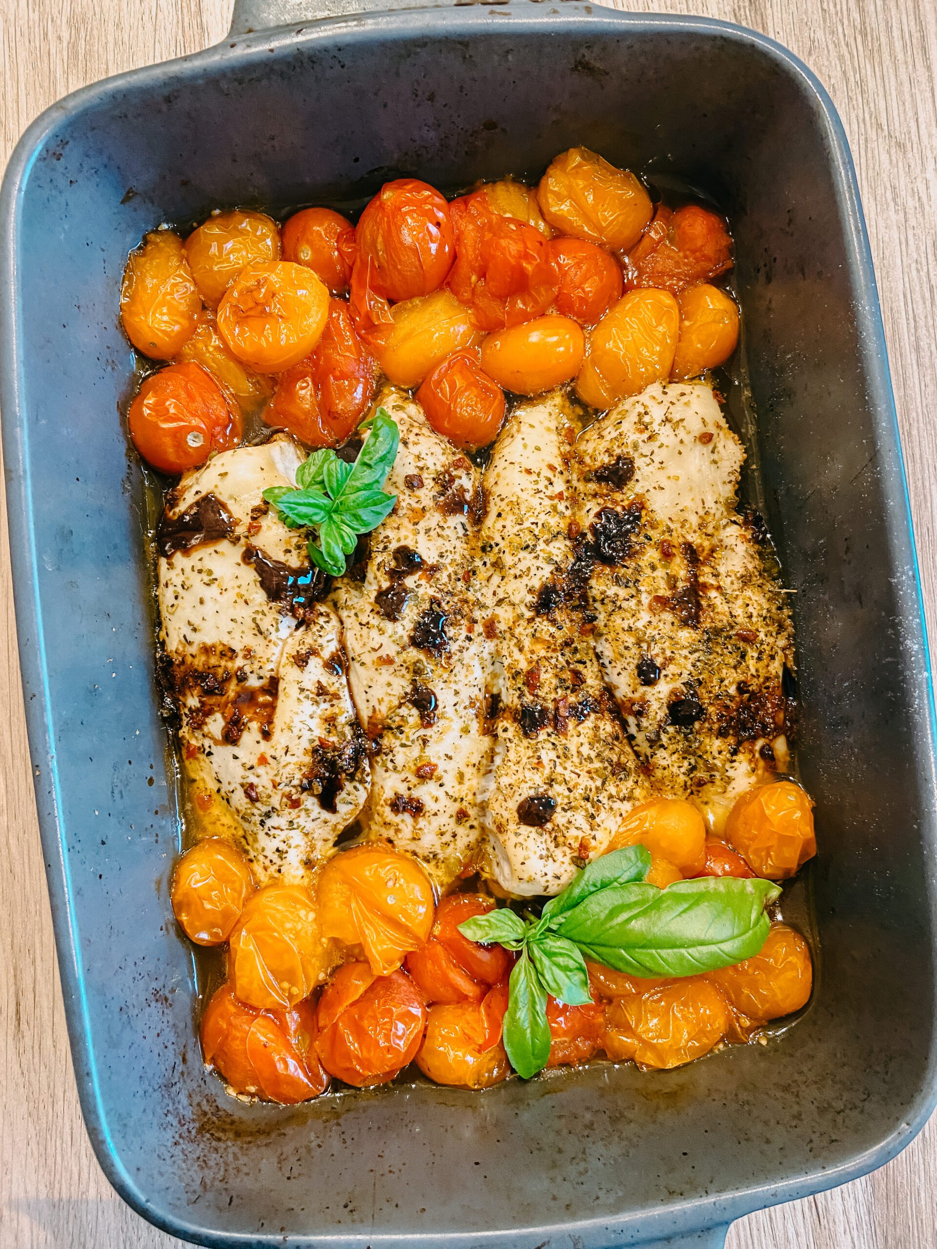 One Pan Baked Balsamic Chicken and Tomatoes (Whole30 & Paleo)