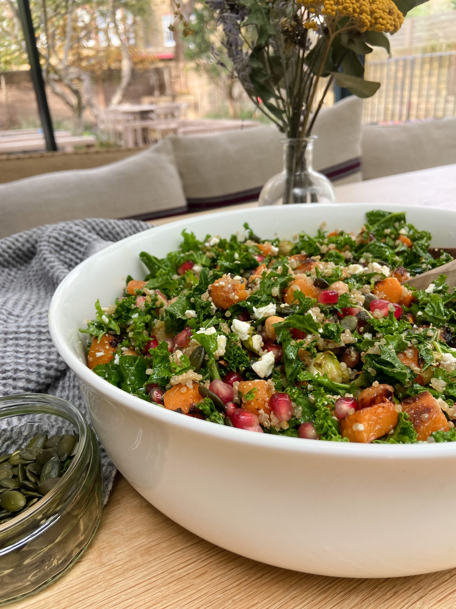 Oven Roasted Butternut Squash and Brussel Sprout Salad with Quinoa and Kale